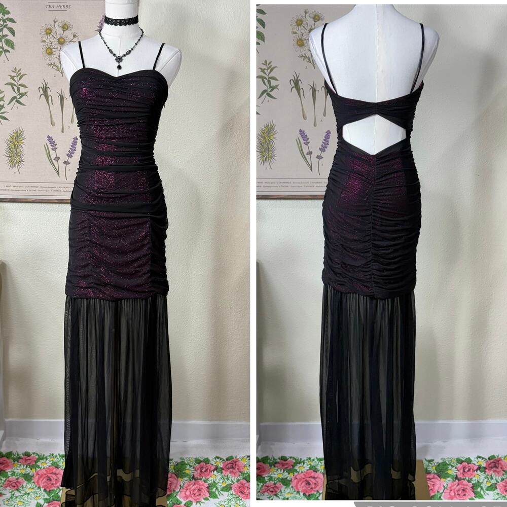 90s Y2k Metallic Ruched Mesh Open Back Formal Dress Sexy Dark Fairy Witchy XS S